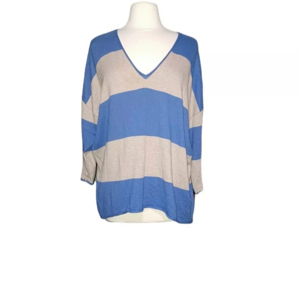 Wallace L Vneck Sweater Striped Blue Tan Woman Dolman Sleeve Oversized t…